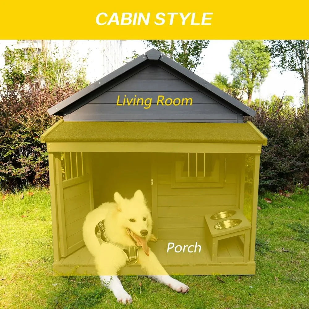 Dog House with Porch, Outdoor Indoor Wooden Doghouse with Dog Bowl, Door, Window, Removable Base Plate, Weatherproof Dog Kennel