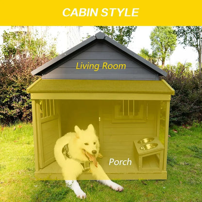 Dog House with Porch, Outdoor Indoor Wooden Doghouse with Dog Bowl, Door, Window, Removable Base Plate, Weatherproof Dog Kennel