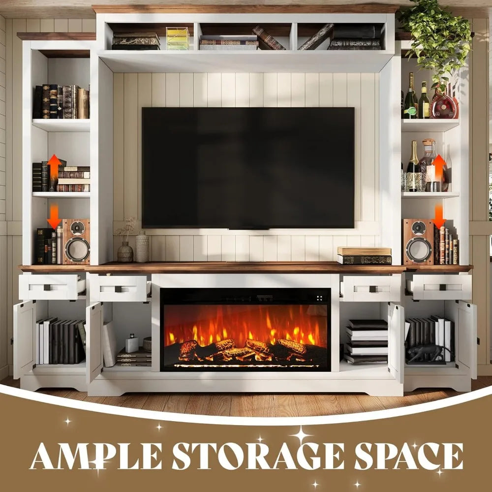 Farmhouse Style 98-inch Entertainment Center with Fireplace, TV Stand, Bookshelf, Wine Cabinet for 75-inch TVs