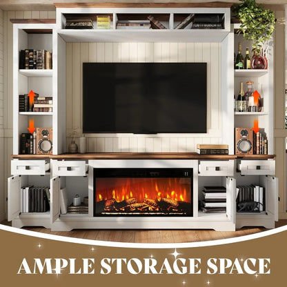 Farmhouse Style 98-inch Entertainment Center with Fireplace, TV Stand, Bookshelf, Wine Cabinet for 75-inch TVs