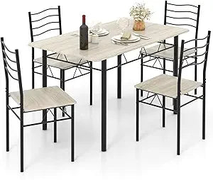 5 Piece Dining Table Set, Kitchen Dining Set with Tempered Glass Table Top and 4 Upholstered Chairs, Dinette Set for 4 for Brea