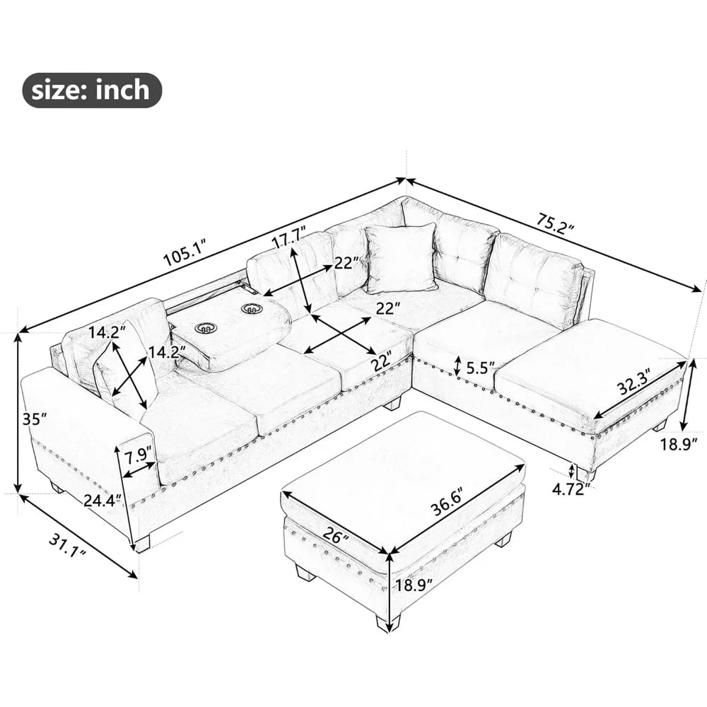 Modern Sectional Sofa with Storage Ottoman with 2 Pillows and 2 Cup Holders