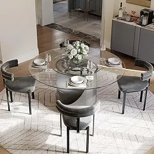 59" Round Dining Table for 4-6, Glossy White Sintered Stone Dining Tabletop with Bronze Carbon Steel Pedestal, Modern Dining Ro