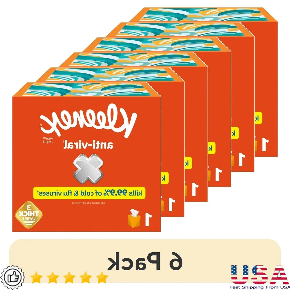 6 Pack Anti-Viral Facial Tissues 3-Ply 55 Count Box Cold Flu Defense Kills 99.9% of Viruses FSC Certified