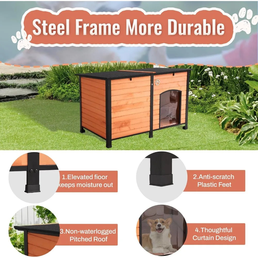 Outdoor Dog House, Indoor Outdoor Doghouse Puppy Shelter Dog House with Iron Frame,Anti-Bite Design Dog Home for Small Medium So