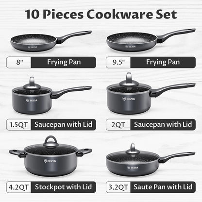 Induction Cookware Pots and Pans Set 10 Piece, BEZIA Dishwasher Safe Nonstick Cooking Pans, Stay-Cool Bakelite Handle
