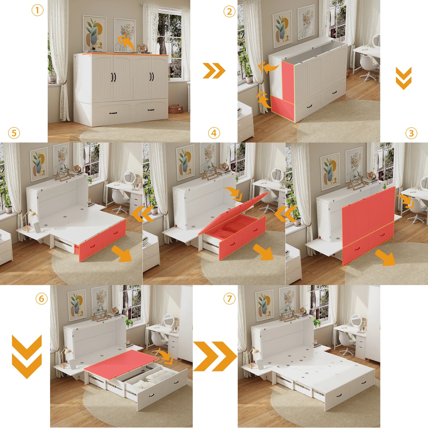 FUFU&GAGA Murphy Bed with Storage Drawer, Foldable Bed Cabinet with Built-in Nightstands for Bedroom Guest Room, White