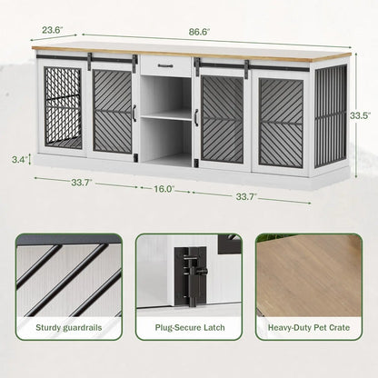86.6" Dog Crate Furniture for 2 Dogs,Dog Kennel Indoor,Heavy Duty Dog House as Entertainment Center,White