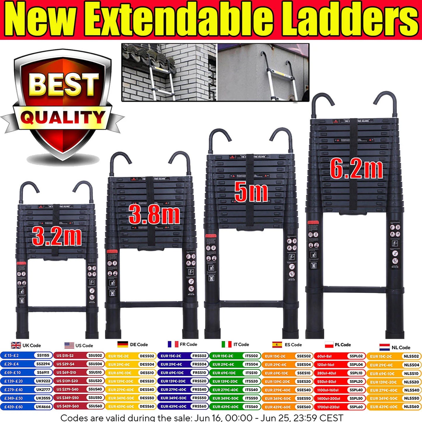 NEW! Stronger Black Telescopic Ladders 10.5FT-20.3FT Folding Aluminium with Detachable Hooks Extendable Steps Non-Slip Home Tool
