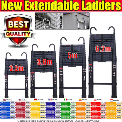 NEW! Stronger Black Telescopic Ladders 10.5FT-20.3FT Folding Aluminium with Detachable Hooks Extendable Steps Non-Slip Home Tool