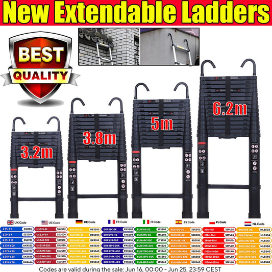 NEW! Stronger Black Telescopic Ladders 10.5FT-20.3FT Folding Aluminium with Detachable Hooks Extendable Steps Non-Slip Home Tool