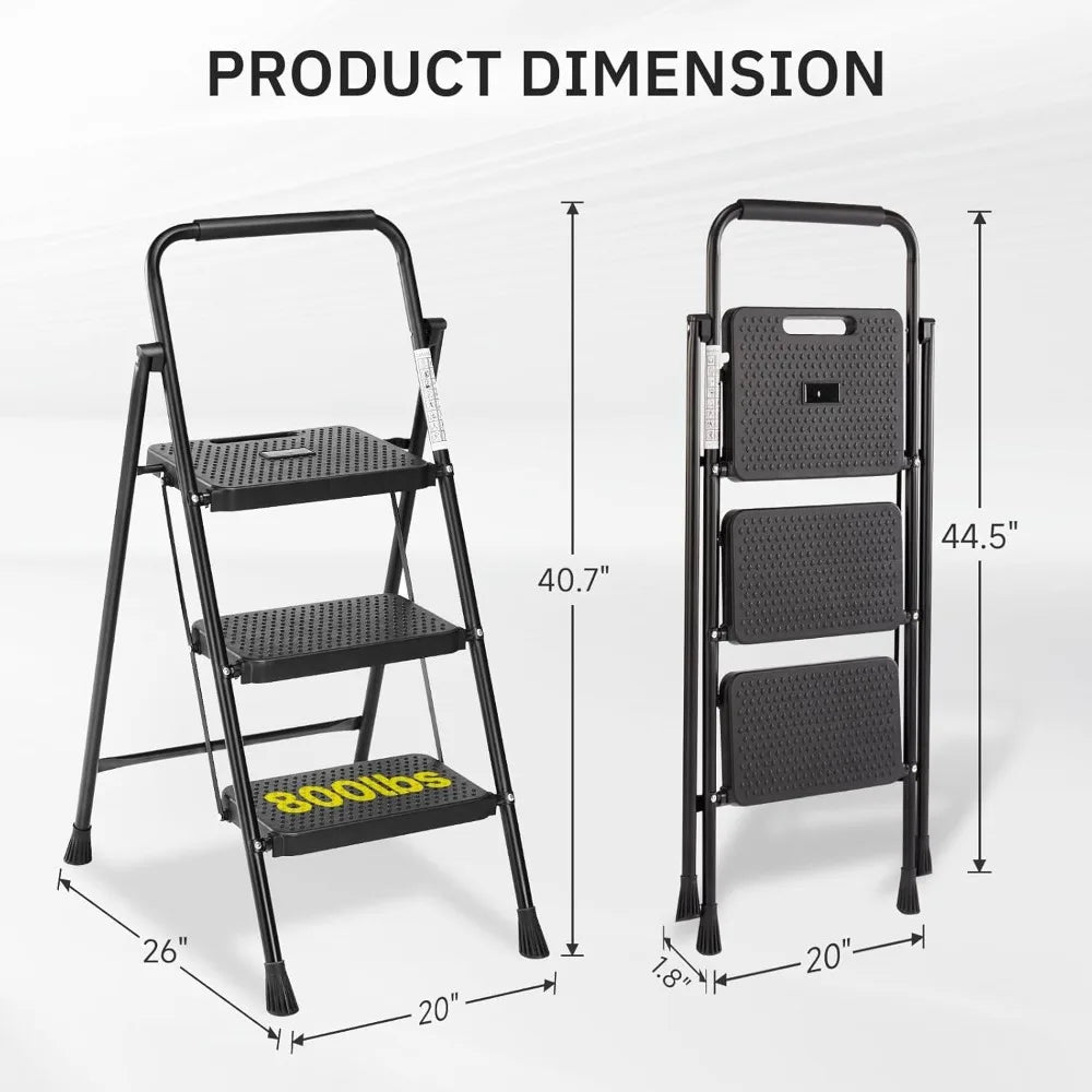 Portable 3-Step Folding Ladder with Wide Anti-Slip Treads, Lightweight Step Stool for Adults