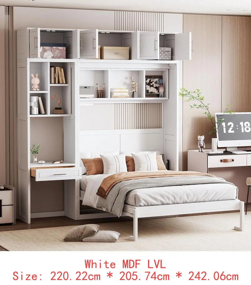 Queen Murphy Bed with Desk, Top Cabinet & Storage Shelves - Space Saving Foldable Bed in Gray