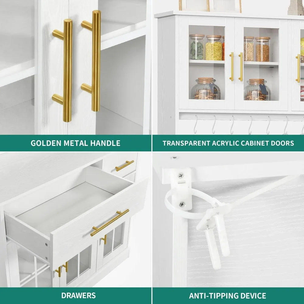 71'' Kitchen Pantry Storage Cabinet with Microwave Stand, Tall Freestanding Hutch Cabinets with Power Outlet, Pantry Cabinets w