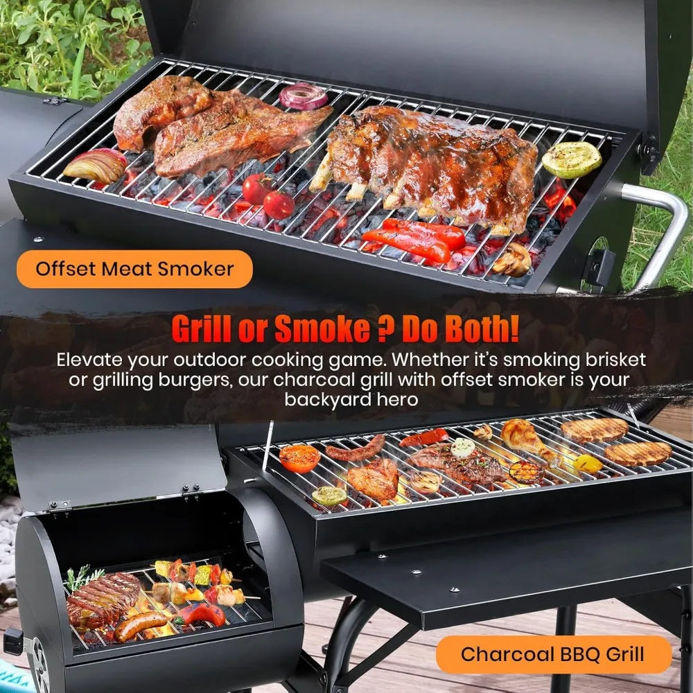 Outdoor Charcoal BBQ Grill and Smoker with Large Cooking Space - Barrel Combo for Backyard Cooking