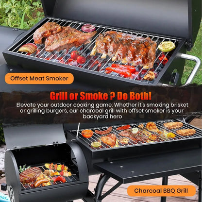 Outdoor Charcoal BBQ Grill and Smoker with Large Cooking Space - Barrel Combo for Backyard Cooking