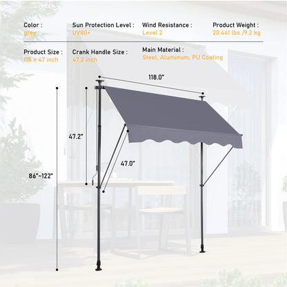 Manual Retractable Awning-118'' Non-Screw Outdoor Sun Shade Cover with UV Protection – 100% Polyester Made Outdoor Canopy Adjust.  Perfect for apartment balconies.