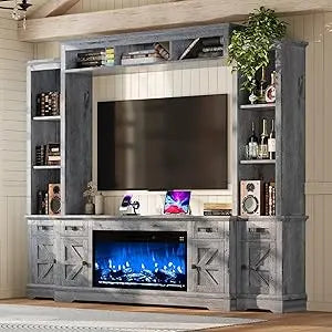 Farmhouse Style 98-inch Entertainment Center with Fireplace, TV Stand, Bookshelf, Wine Cabinet for 75-inch TVs
