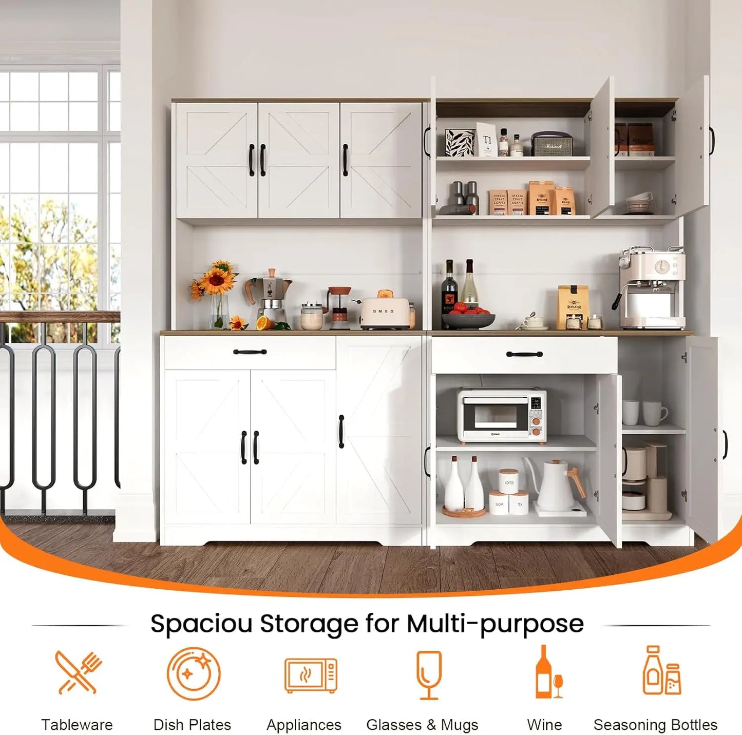 "71in White Kitchen Pantry Cabinet w/ USB Charging Station, Coffee Bar & Appliance Storage for Dining Room"