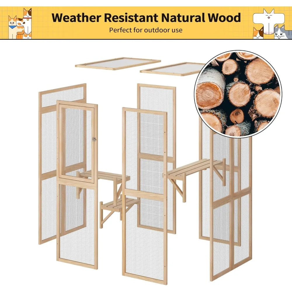 Wooden Outdoor Cat Enclosure with Window Access, Patio Shelter, and Hammock for Indoor Use