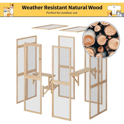 Wooden Outdoor Cat Enclosure with Window Access, Patio Shelter, and Hammock for Indoor Use