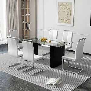 71" Glass Dining Table Set for 6, 7 Piece Dining Table Set with Tempered Glass Top & 6 White PU Leather Ergonomic Chairs, Modern