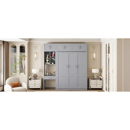 Queen Murphy Bed with Desk, Top Cabinet & Storage Shelves - Space Saving Foldable Bed in Gray