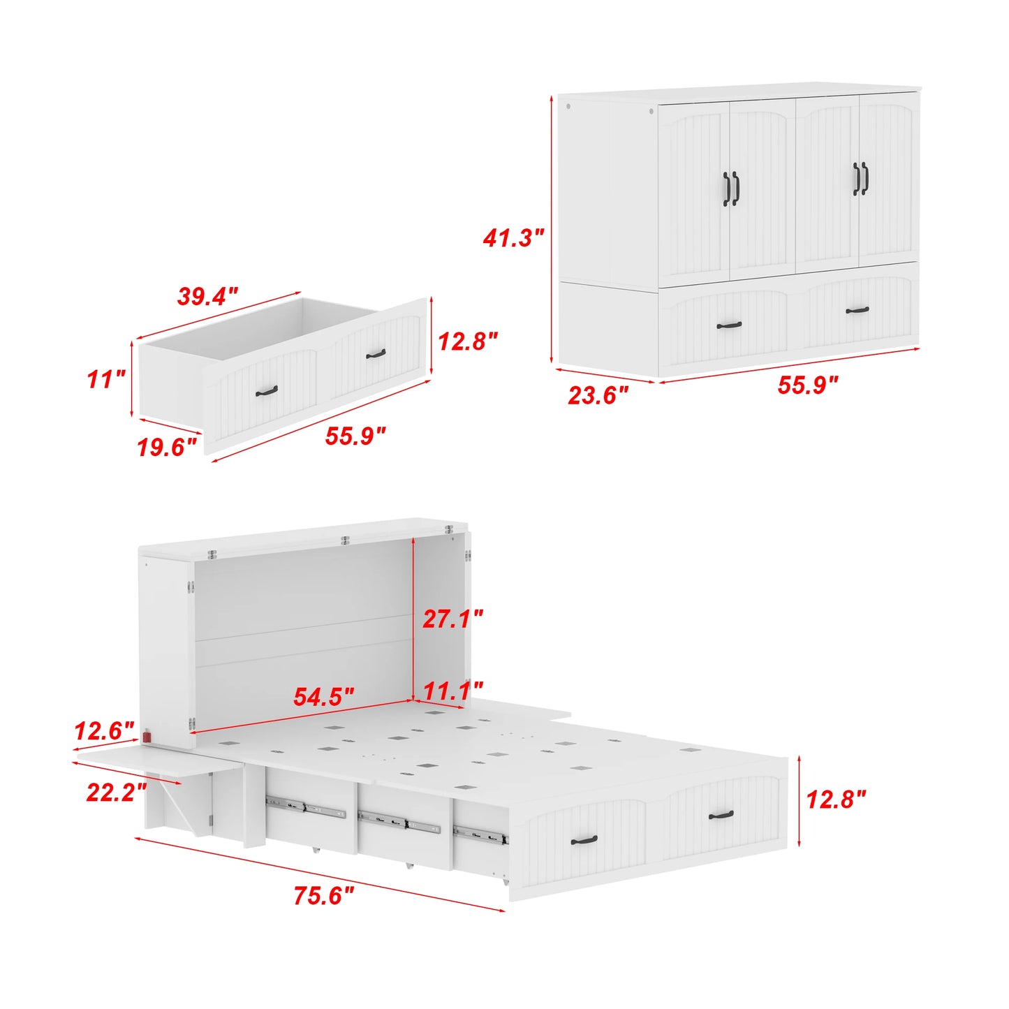 FUFU&GAGA Murphy Bed with Storage Drawer, Foldable Bed Cabinet with Built-in Nightstands for Bedroom Guest Room, White