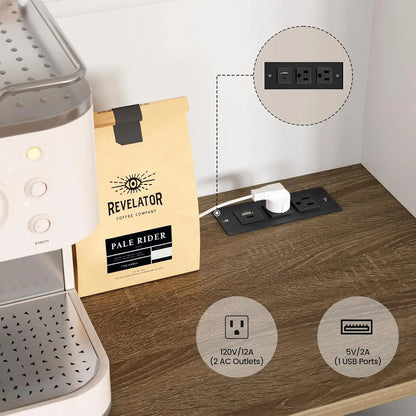 "71in White Kitchen Pantry Cabinet w/ USB Charging Station, Coffee Bar & Appliance Storage for Dining Room"