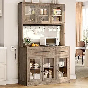 71'' Kitchen Pantry Storage Cabinet with Microwave Stand, Tall Freestanding Hutch Cabinets with Power Outlet, Pantry Cabinets w