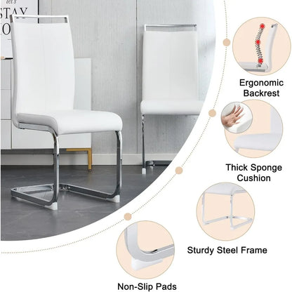 71" Glass Dining Table Set for 6, 7 Piece Dining Table Set with Tempered Glass Top & 6 White PU Leather Ergonomic Chairs, Modern