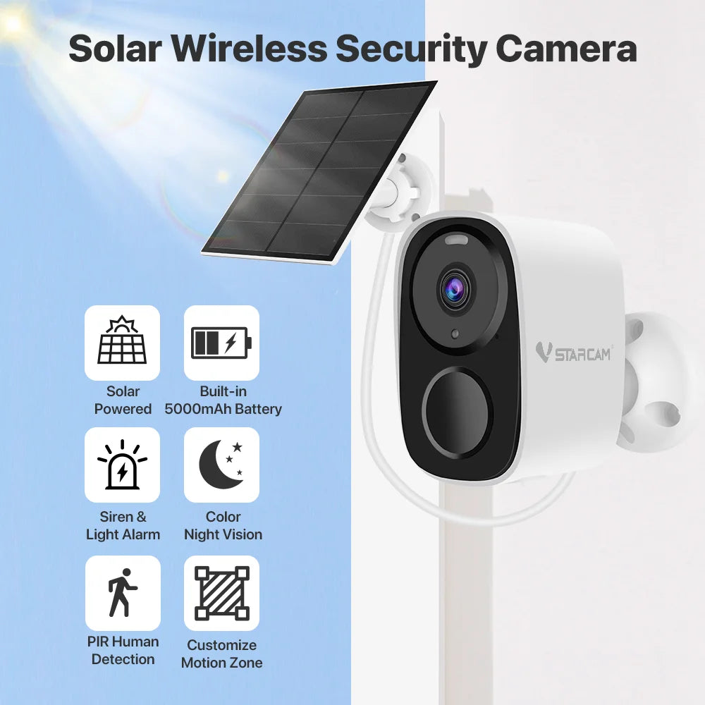 Vstarcam 2K Solar Security Cameras Wireless Outdoor Battery Powered Security Camera PIR Motion Alarm Cloud Storage Two Way Audio