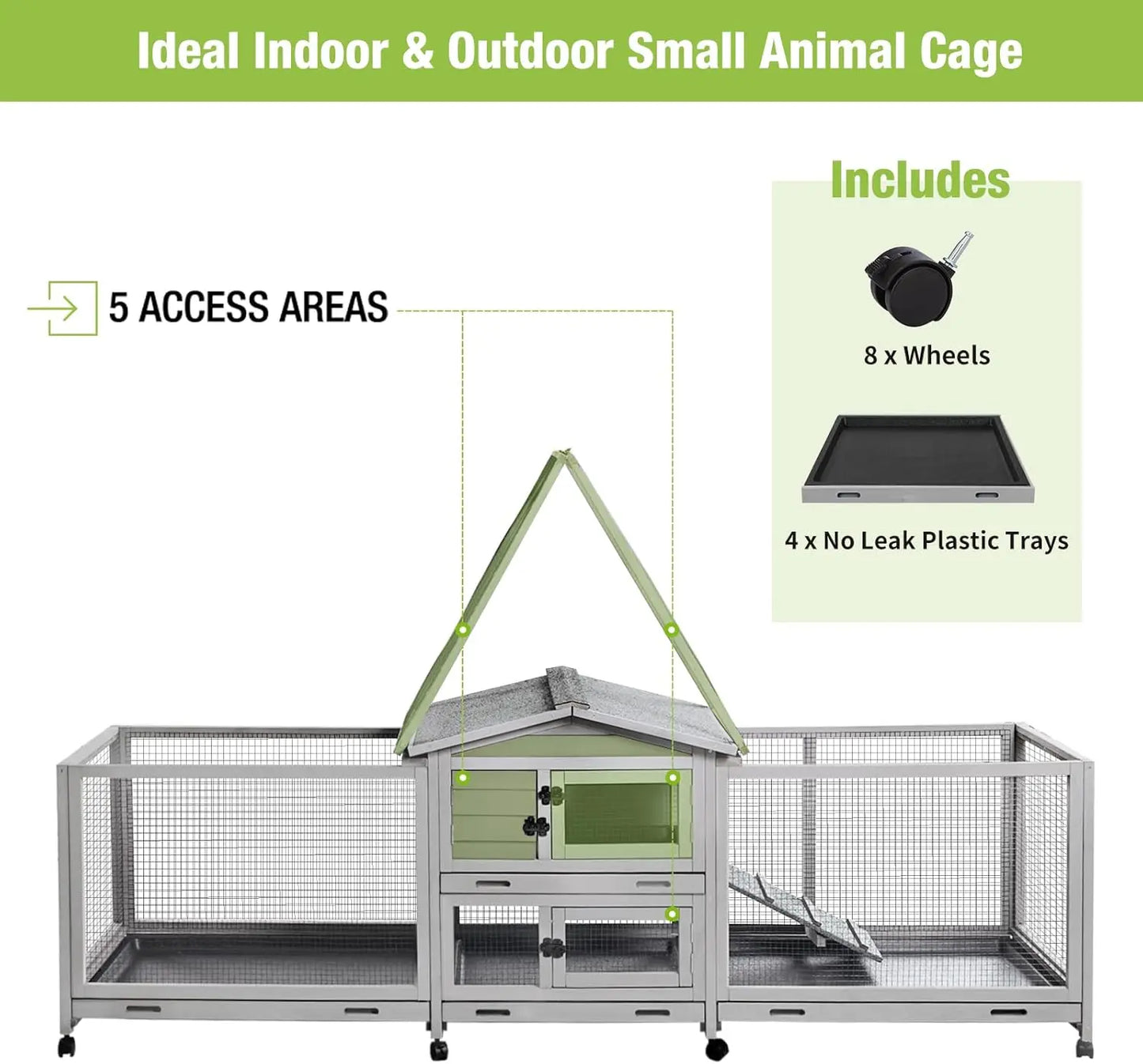 Rabbit Hutch Bunny Cage Indoor & Outdoor Rabbit Cage on Wheels, Guinea Pig Cage with 4 Deep No Leakage Pull Out Trays - 93.7"