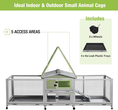 Rabbit Hutch Bunny Cage Indoor & Outdoor Rabbit Cage on Wheels, Guinea Pig Cage with 4 Deep No Leakage Pull Out Trays - 93.7"