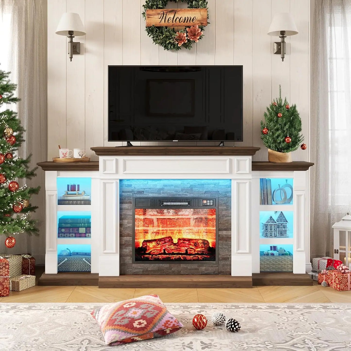 72" Fireplace TV Stand for TVs Up to 80 Inch, Electric Fireplace with Mantel, Modern Entertainment Center with Storage,