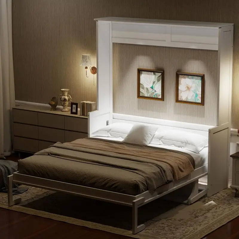 Queen Size Murphy Bed with Desk, LED Lighting and USB Charging Station, White Finish