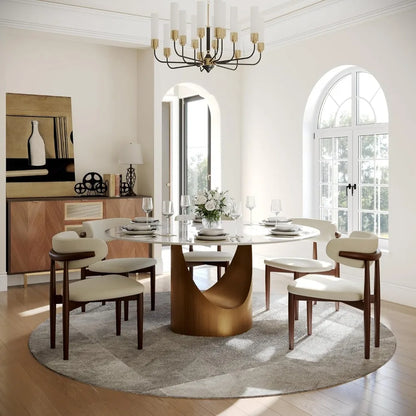 59" Round Dining Table for 4-6, Glossy White Sintered Stone Dining Tabletop with Bronze Carbon Steel Pedestal, Modern Dining Ro