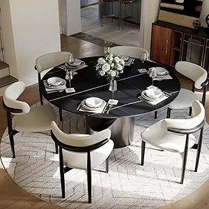 59" Round Dining Table for 4-6, Glossy White Sintered Stone Dining Tabletop with Bronze Carbon Steel Pedestal, Modern Dining Ro