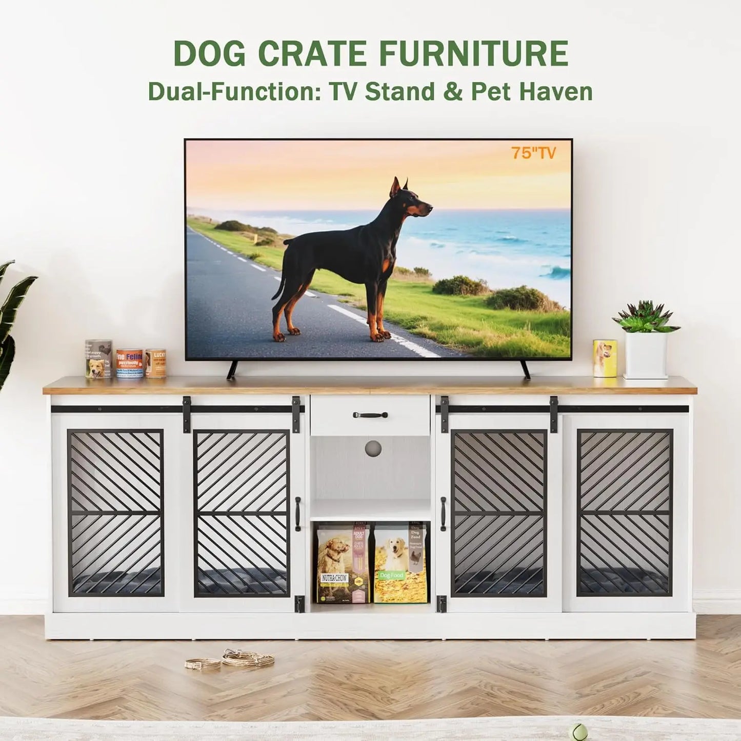 86.6" Dog Crate Furniture for 2 Dogs,Dog Kennel Indoor,Heavy Duty Dog House as Entertainment Center,White