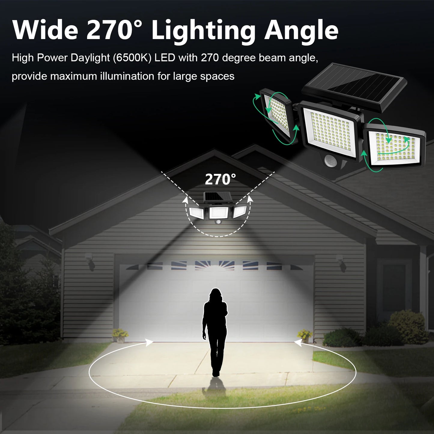 Three-Head Outdoor Solar Light, Motion Sensor Security Light for Porches, Garages, Yard Entrances and Patios