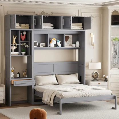 Queen Murphy Bed with Desk, Top Cabinet & Storage Shelves - Space Saving Foldable Bed in Gray