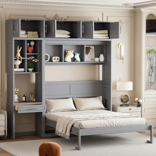 Queen Murphy Bed with Desk, Top Cabinet & Storage Shelves - Space Saving Foldable Bed in Gray