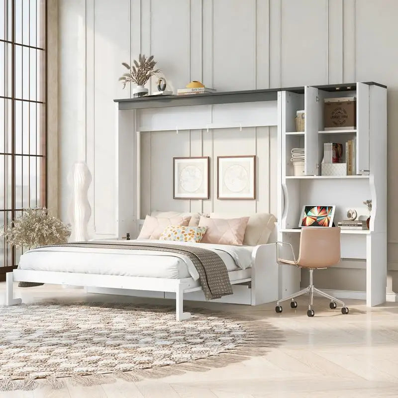 Queen Murphy Bed with Sofa, Desk, and Storage Cabinet - Space-Saving Foldable Design for Small Spaces