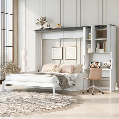 Queen Murphy Bed with Sofa, Desk, and Storage Cabinet - Space-Saving Foldable Design for Small Spaces