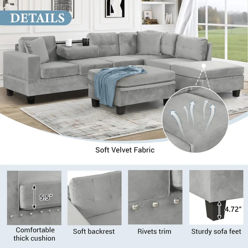 Modern Sectional Sofa with Storage Ottoman with 2 Pillows and 2 Cup Holders