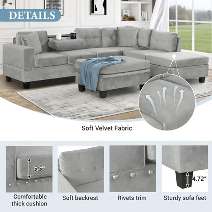 Modern Sectional Sofa with Storage Ottoman with 2 Pillows and 2 Cup Holders