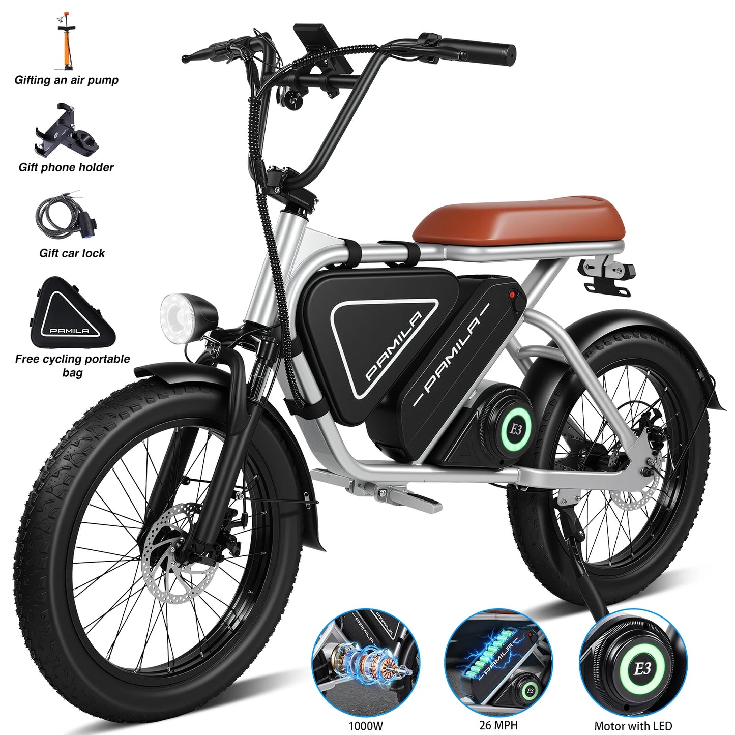 20-inch adult electric scooter 1000W LED mid-mounted motor puncture-resistant wide tires 48V15.6Ah battery BMS system E bicycle