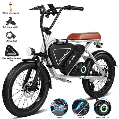 20-inch adult electric scooter 1000W LED mid-mounted motor puncture-resistant wide tires 48V15.6Ah battery BMS system E bicycle