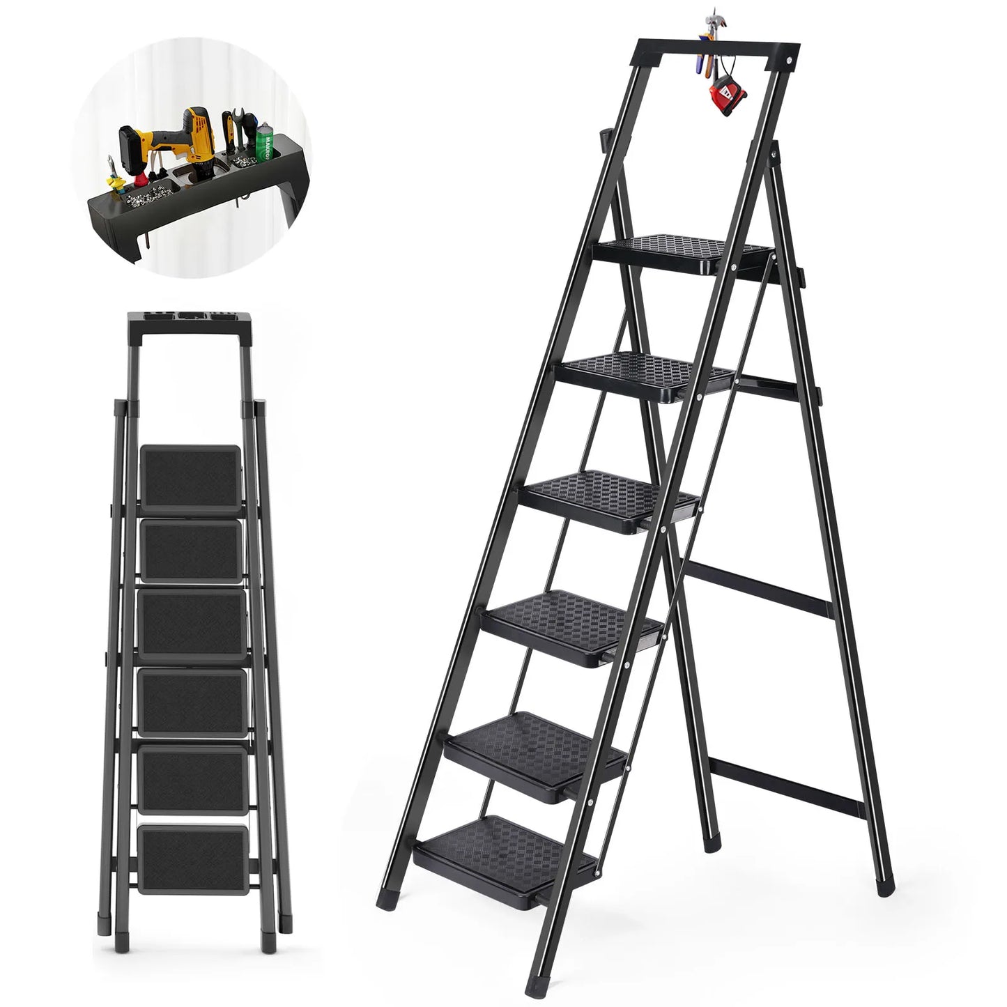 6 Step Ladder Lightweight Foldable Ladder with Non-Slip Wide Pedals Stepladder with Safe Handrail Space Saving for Home