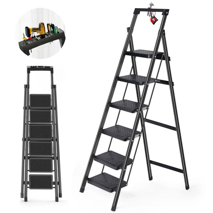 6 Step Ladder Lightweight Foldable Ladder with Non-Slip Wide Pedals Stepladder with Safe Handrail Space Saving for Home